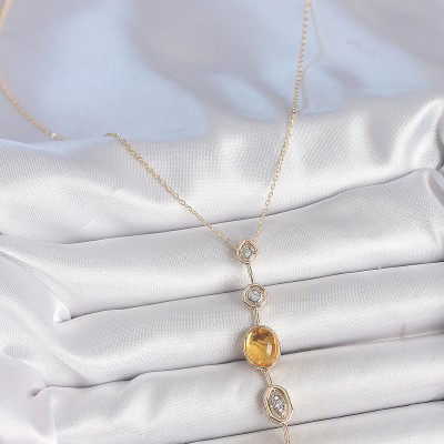 Pirinç Zincir Kehribar Sarı Gold Renk Zirkon Taşlı Y Kolye