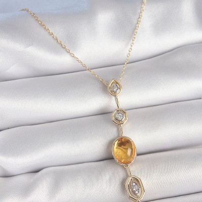 Pirinç Zincir Kehribar Sarı Gold Renk Zirkon Taşlı Y Kolye