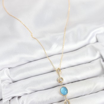 Pirinç Zincir Mavi Gold Renk Zirkon Taşlı Y Kolye