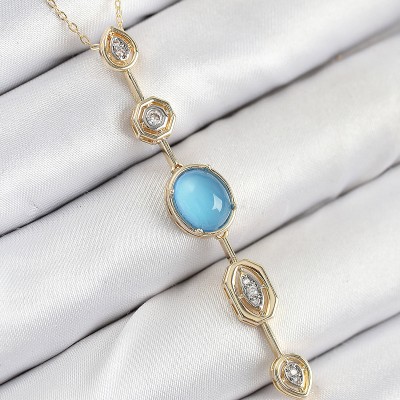 Pirinç Zincir Mavi Gold Renk Zirkon Taşlı Y Kolye