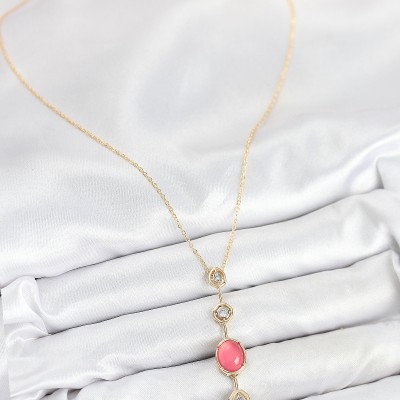 Pirinç Zincir Pembe Gold Renk Zirkon Taşlı Y Kolye