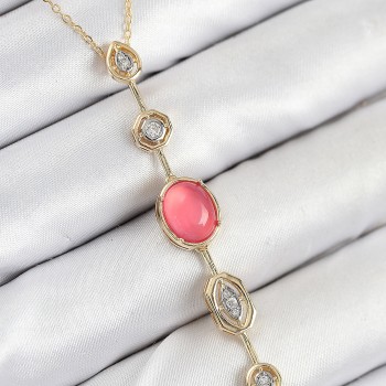 Pirinç Zincir Pembe Gold Renk Zirkon Taşlı Y Kolye