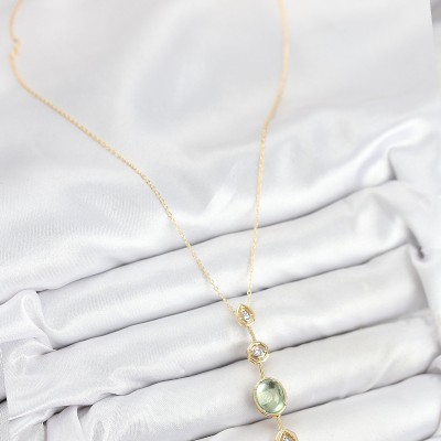 Pirinç Zincir Yeşil Gold Renk Zirkon Taşlı Y Kolye