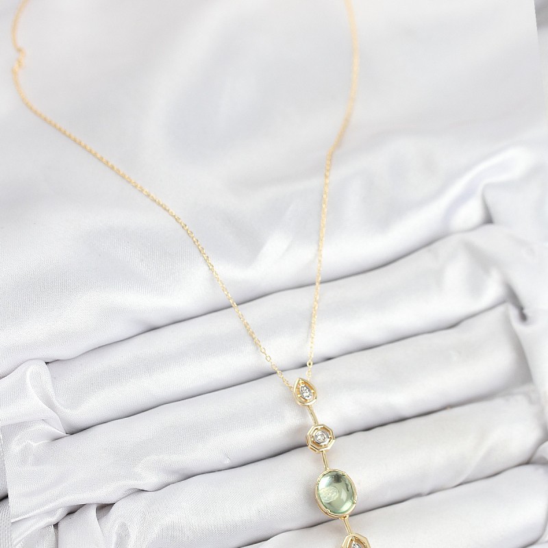 Pirinç Zincir Yeşil Gold Renk Zirkon Taşlı Y Kolye