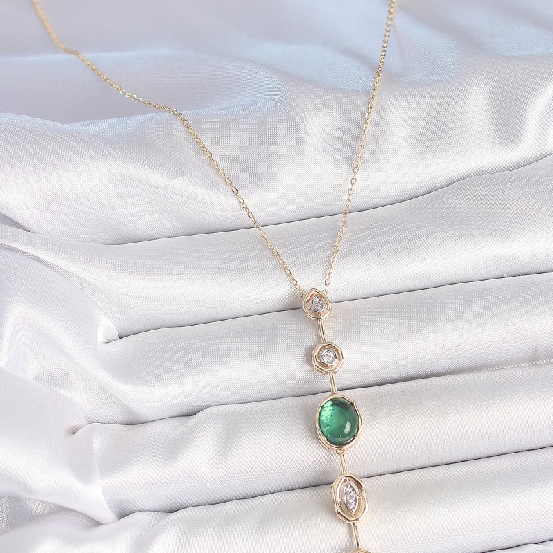 Pirinç Zincir Zümrüt Yeşil Gold Renk Zirkon Taşlı Y Kolye