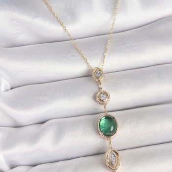 Pirinç Zincir Zümrüt Yeşil Gold Renk Zirkon Taşlı Y Kolye