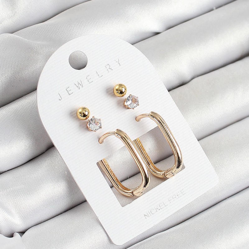 Pirinç Zirkon Taş Ve Dikdörtgen Figürlü Gold Renk 3'lü Çift Kadın Küpe Set