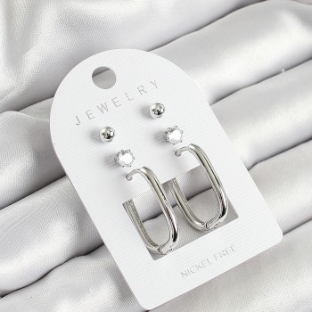 Pirinç Zirkon Taş Ve Dikdörtgen Figürlü Gümüş Renk 3'lü Çift Kadın Küpe Set