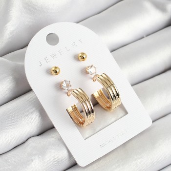 Pirinç Zirkon Taş Ve Halka Figürlü Gold Renk 3'lü Çift Kadın Küpe Set