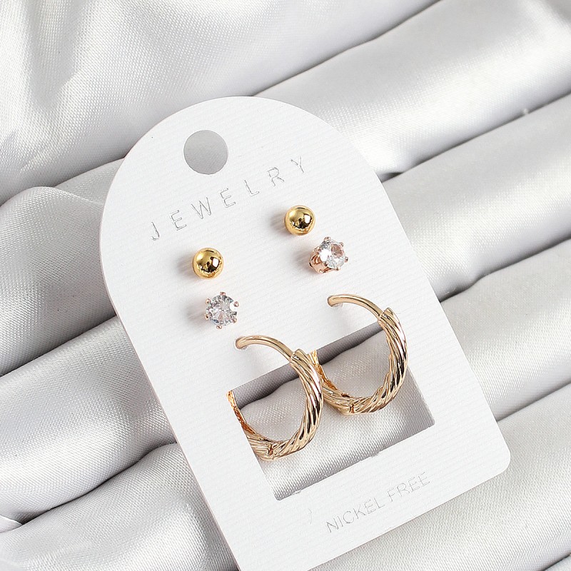 Pirinç Zirkon Taş Ve Halka Figürlü Gold Renk 3'lü Çift Kadın Küpe Set