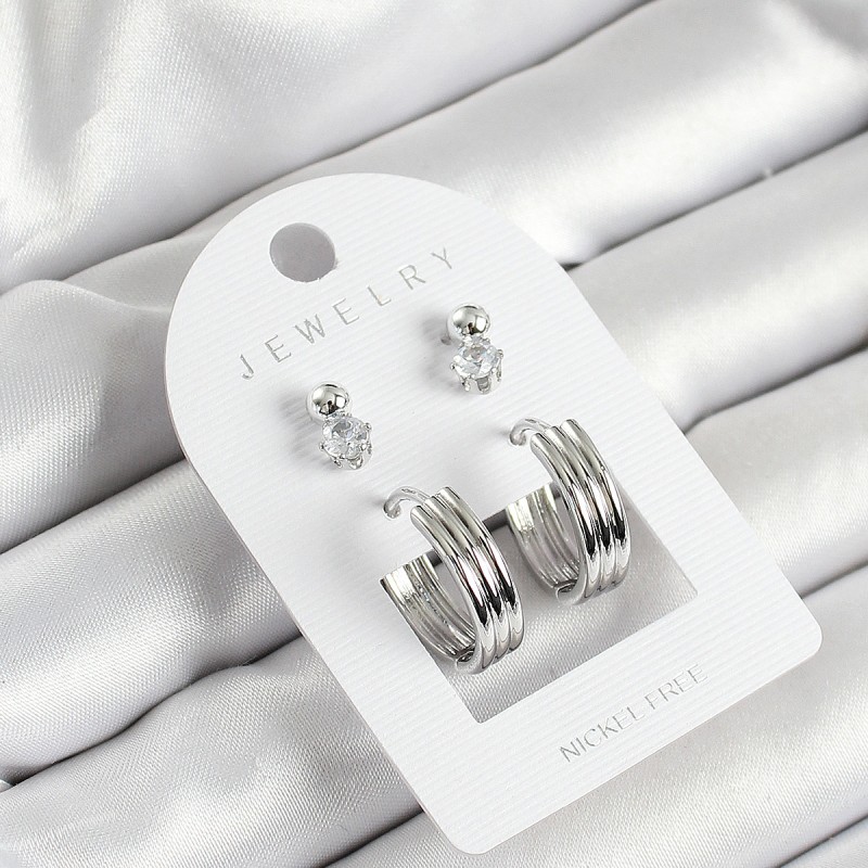 Pirinç Zirkon Taş Ve Halka Figürlü Gümüş Renk 3'lü Çift Kadın Küpe Set