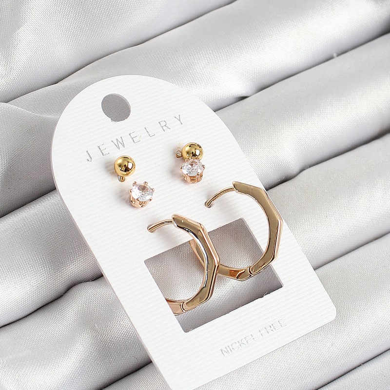 Pirinç Zirkon Taş Ve Kemik Halka Figürlü Gold Renk 3'lü Çift Kadın Küpe Set