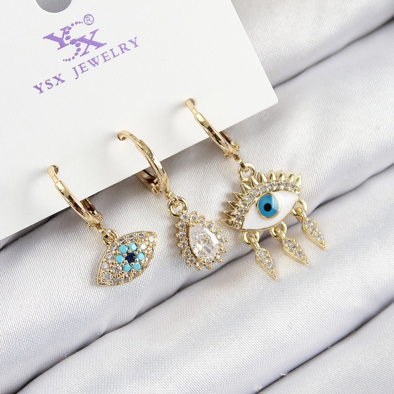 Pirinç Zirkon Taşlı 3'lü Fatma'nın Gözü Model Gold Renk Kadın Küpe