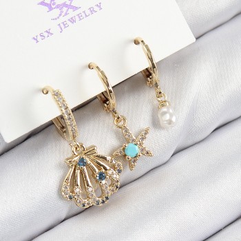 Pirinç Zirkon Taşlı 3'lü İstiridye Ve Yıldız Model Gold Renk Kadın Küpe