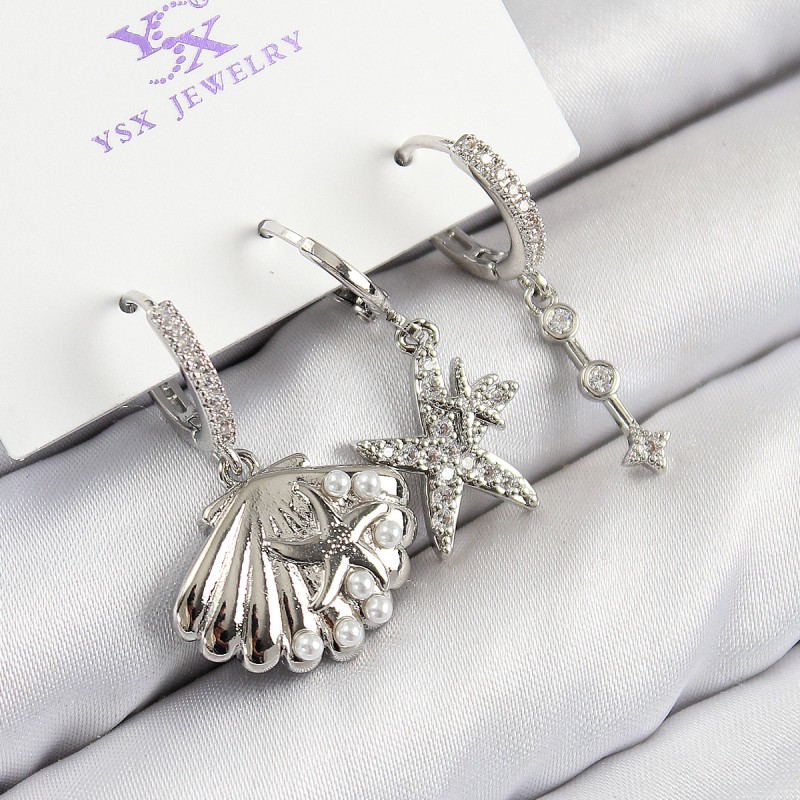 Pirinç Zirkon Taşlı 3'lü Yıldız Ve İstiridye Model Gümüş Renk Kadın Küpe