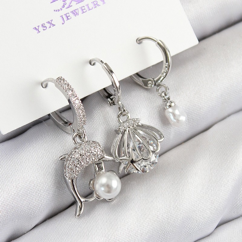 Pirinç Zirkon Taşlı 3'lü Yunus Balığı Ve İstiridye Model Gümüş Renk Kadın Küpe