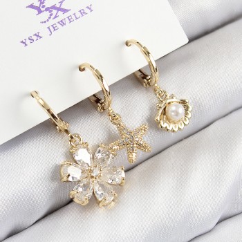 Pirinç Zirkon Taşlı 3'lü İstiridye Ve Çiçek Model Gold Renk Kadın Küpe