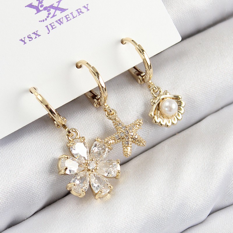 Pirinç Zirkon Taşlı 3'lü İstiridye Ve Çiçek Model Gold Renk Kadın Küpe