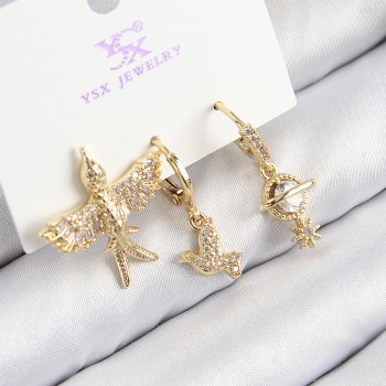 Pirinç Zirkon Taşlı 3'lü Kuş Model Gold Renk Kadın Küpe