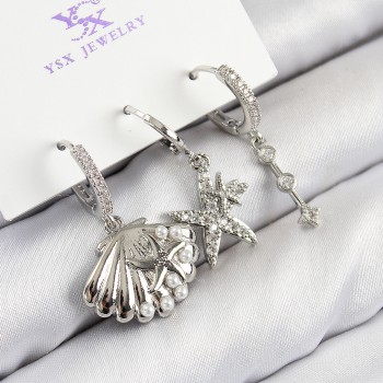 Pirinç Zirkon Taşlı 3'lü Yıldız Ve İstiridye Model Gümüş Renk Kadın Küpe