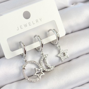 Pirinç Zirkon Taşlı Ay Ve Yıldız Model Gümüş Renk 3'lü Çift Kadın Küpe Set