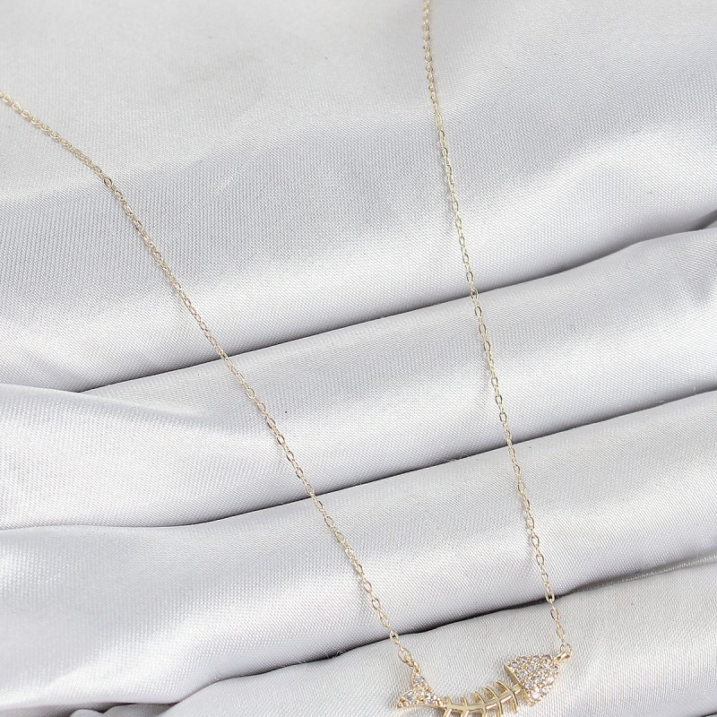 Pirinç Zirkon Taşlı Balık Kılçığı Model Gold Renk Kadın Kolye