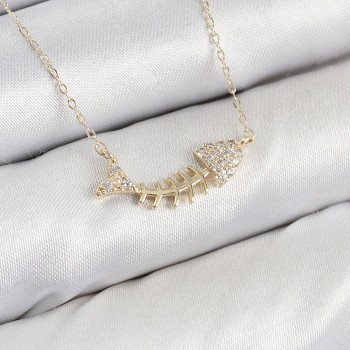 Pirinç Zirkon Taşlı Balık Kılçığı Model Gold Renk Kadın Kolye