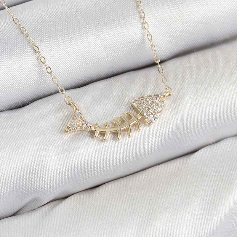 Pirinç Zirkon Taşlı Balık Kılçığı Model Gold Renk Kadın Kolye