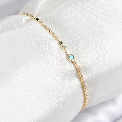 Pirinç Zirkon Taşlı Boncuk Model Ezme Zincir Gold Renk Kadın Bileklik