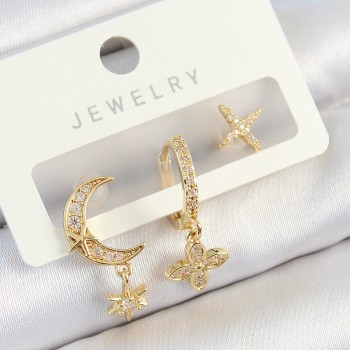 Pirinç Zirkon Taşlı Çiçek Ve Ay Model Gold Renk 3'lü Çift Kadın Küpe Set