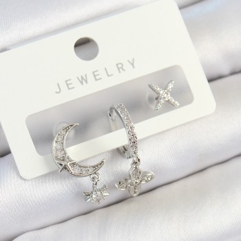 Pirinç Zirkon Taşlı Çiçek Ve Ay Model Gümüş Renk 3'lü Çift Kadın Küpe Set