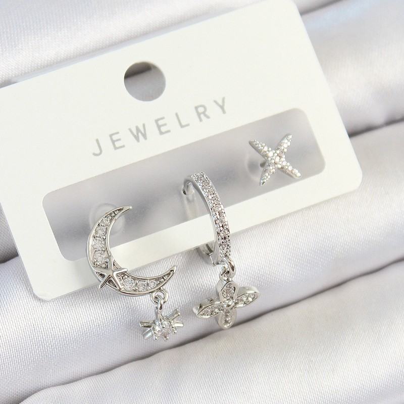 Pirinç Zirkon Taşlı Çiçek Ve Ay Model Gümüş Renk 3'lü Çift Kadın Küpe Set