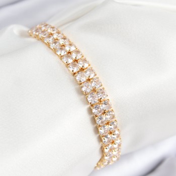 Pirinç Zirkon Taşlı Çift Sıra Kare Model Gold Renk Asansörlü Kadın Bileklik