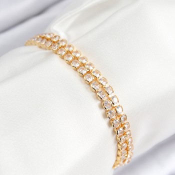 Pirinç Zirkon Taşlı Çift Sıra Model Gold Renk Asansörlü Kadın Bileklik