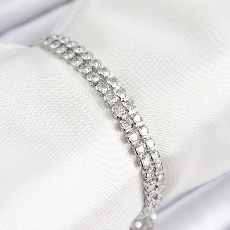 Pirinç Zirkon Taşlı Çift Sıra Model Gümüş Renk Asansörlü Kadın Bileklik