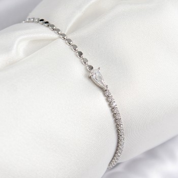 Pirinç Zirkon Taşlı Damla Model Ezme Zincir Gümüş Renk Kadın Bileklik