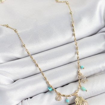 Pirinç Zirkon Taşlı Deniz Kabuğu Model Gold Renk Kadın Kolye