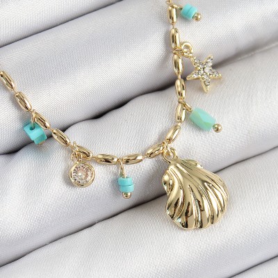 Pirinç Zirkon Taşlı Deniz Kabuğu Model Gold Renk Kadın Kolye
