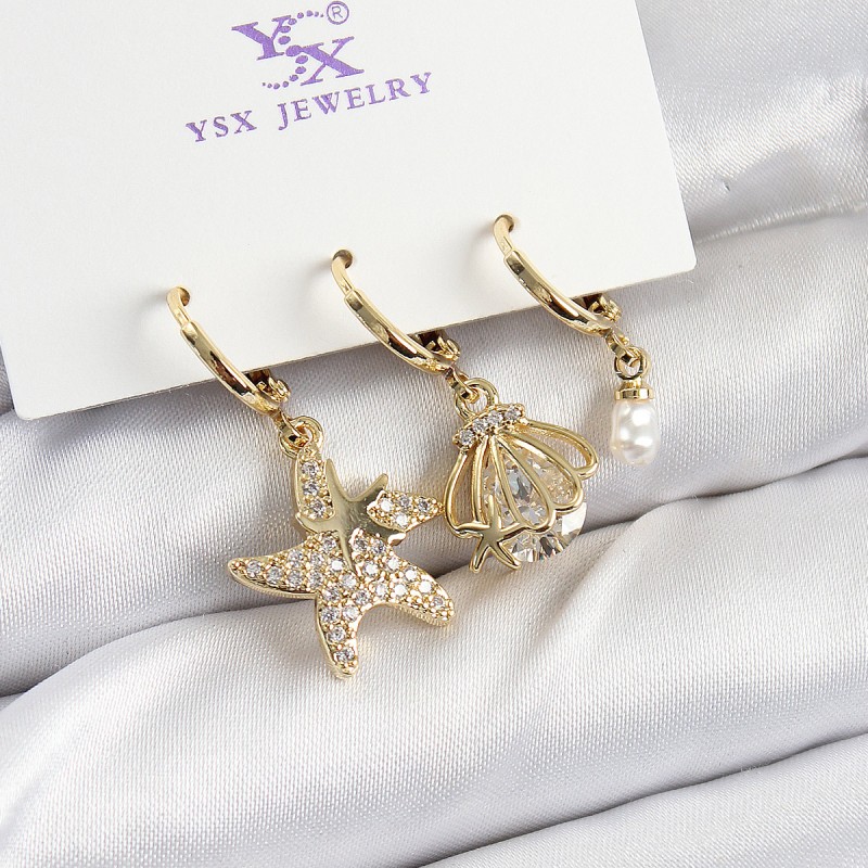 Pirinç Zİrkon Taşlı Deniz Yıldızı Ve İstiridye Model Gold Renk 3'lü Kadın Küpe