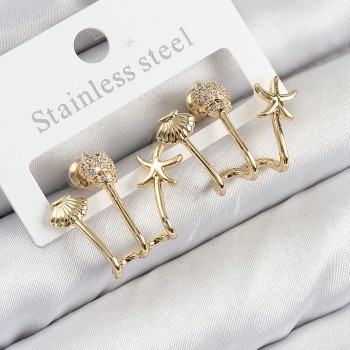 Pirinç Zirkon Taşlı Deniz Yıldızı ve İstiridye Model Gold Renk Kadın Küpe