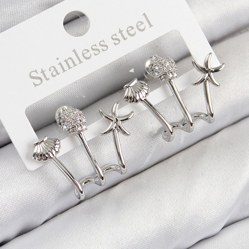 Pirinç Zirkon Taşlı Deniz Yıldızı ve İstiridye Model Gümüş Renk Kadın Küpe