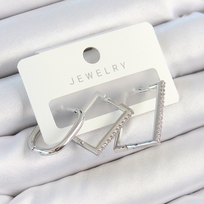 Pirinç Zirkon Taşlı Dikdörtgen Model Gümüş Renk 3'lü Çift Kadın Küpe Set