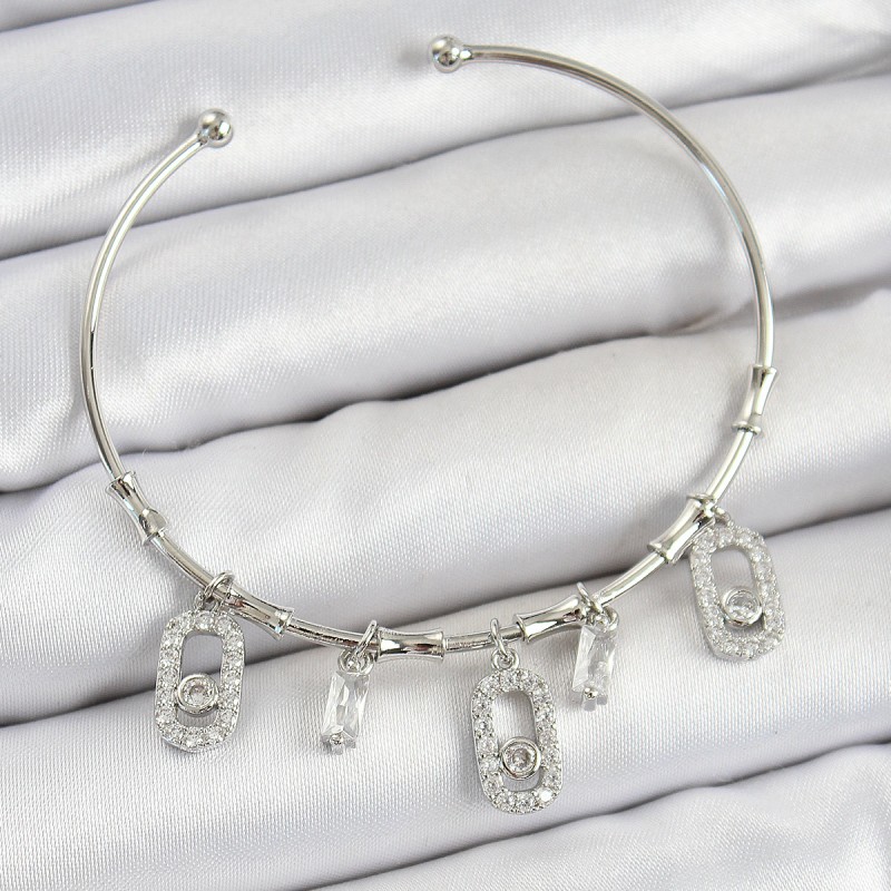 Pirinç Zirkon Taşlı Dikdörtgen Model Gümüş Renk Charm Bileklik