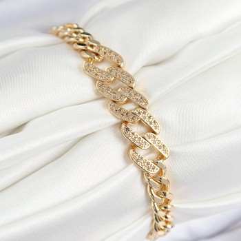 Pirinç Zirkon Taşlı Ezme Küba Zincir Model Gold Renk Kadın Bileklik