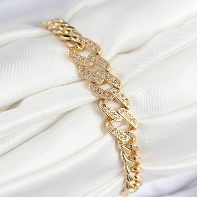 Pirinç Zirkon Taşlı Ezme Küba Zincir Model Gold Renk Kadın Bileklik