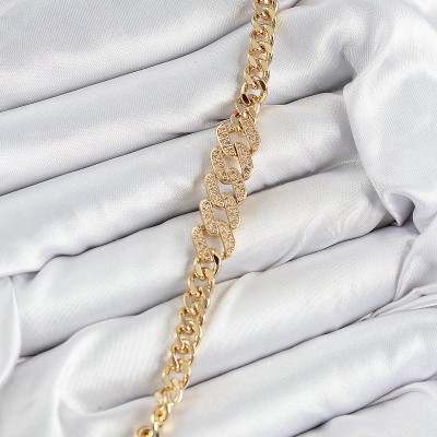 Pirinç Zirkon Taşlı Ezme Küba Zincir Model Gold Renk Kadın Bileklik