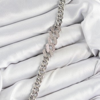 Pirinç Zirkon Taşlı Ezme Küba Zincir Model Gümüş Renk Kadın Bileklik