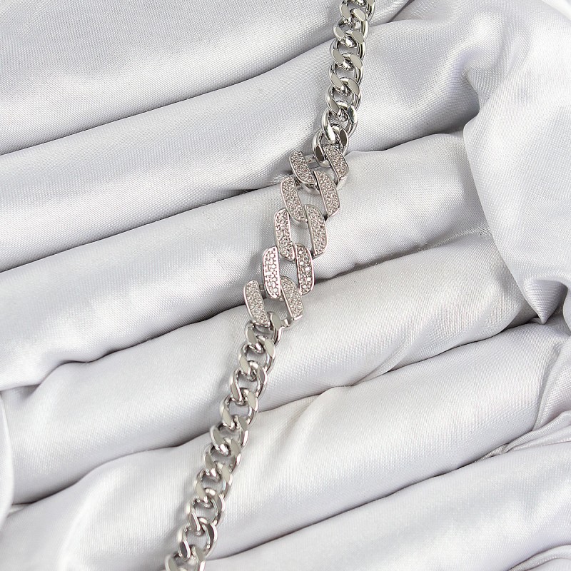 Pirinç Zirkon Taşlı Ezme Küba Zincir Model Gümüş Renk Kadın Bileklik