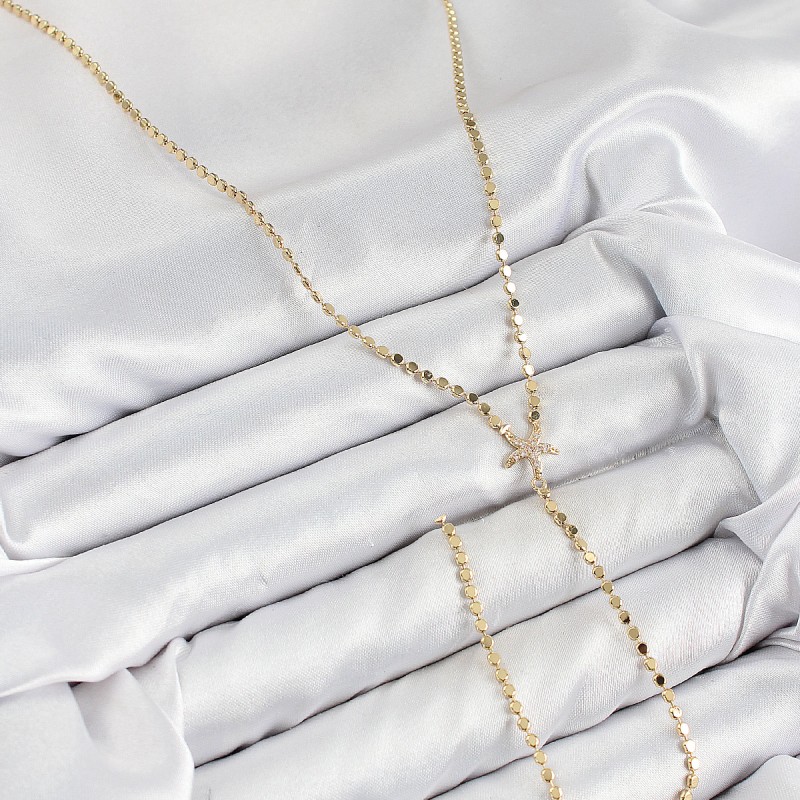 Pirinç Zirkon Taşlı Ezme Zincirli Deniz Yıldızı Model Gold Renk Y Kolye