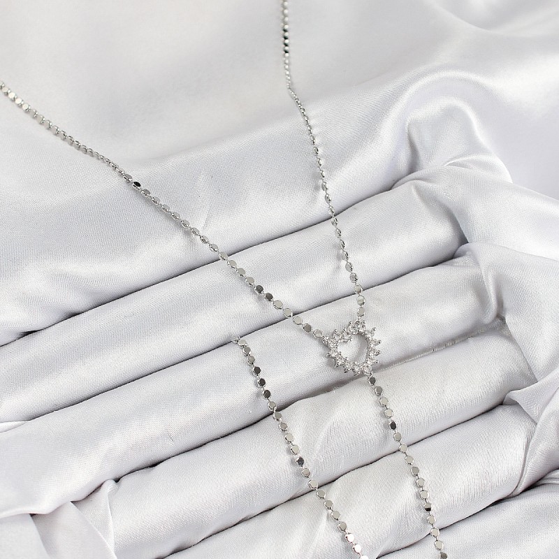 Pirinç Zirkon Taşlı Ezme Zincirli Kalp Model Gümüş Renk Y Kolye